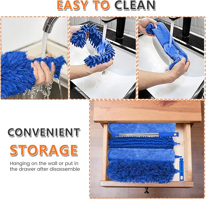 Professional Microfiber Feather Dusters for Cleaning, 6PCS Extendable Bendable Dusters with 100" Telescopic Pole, Washable & Reusable Cleaning Kit for Ceiling Fans, Blinds, Hard-to-Reach Areas (Blue)