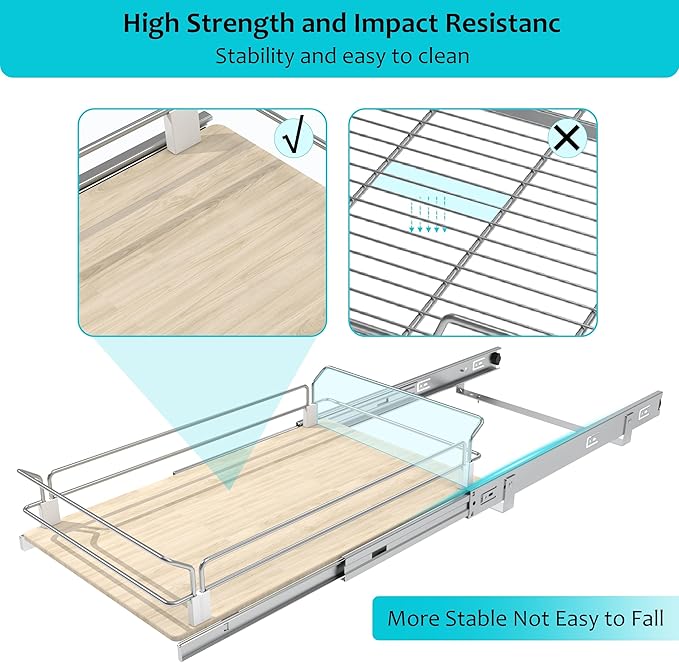 Pull Out Cabinet Organizer 11" W X 22" D, Slide Out Drawers For Kitchen Organizers and Storage, Pull Out Drawers For Cabinets Capacity Heavy Duty Caddy, Cabinet Shelves Wood Chrome, Pantry Storage