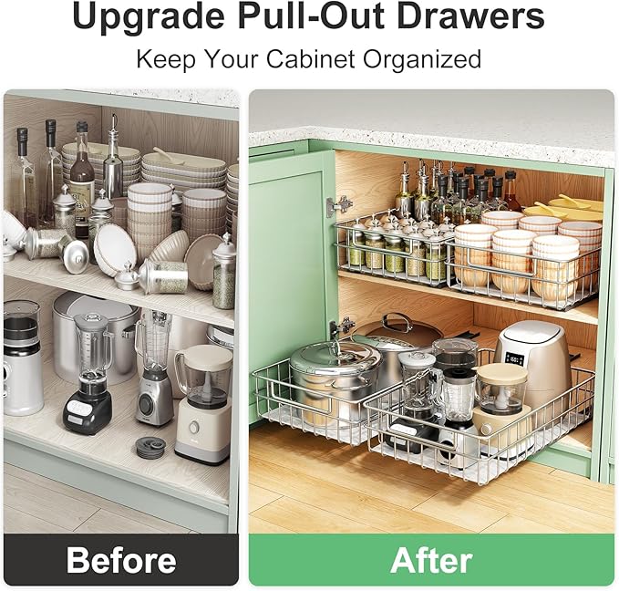 Stainless Steel Pull Out Cabinet Organizer(11.8"W x 16.5"D x 4.7"H)-1 Pack, Minimalist Design Frame, Full-Extension Slide Rails, Easy Installation for Pantry Organizers or Kitchen Cabinet Organizer