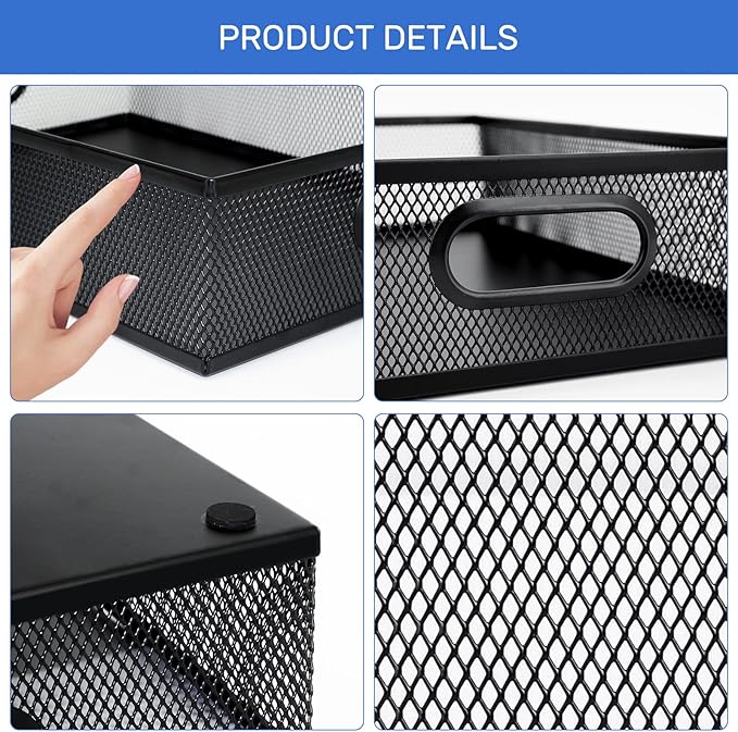 Neudeco Desk Drawer Organizer with 6 Adjustable Dividers, Metal Mesh Pen Organizer for Desk Drawer, Office Supplies Tray (Pack of 4, Black)