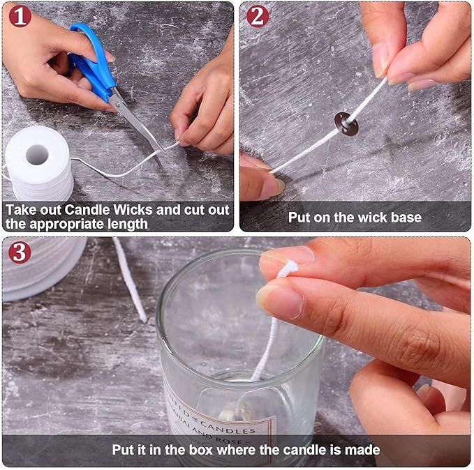 200 ft Braided Candle Wicks 100% Cotton 15 PLY for Candle Pillars in 1 1/4" Dia, for Paraffin Wax Soy Beeswax Candle Making, Sold Separately 200 PCS Candle Wick Sustainer Tabs Metal 14mm