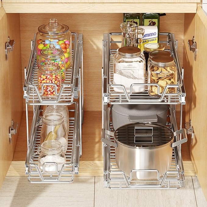 2-Tier Kitchen Cabinet Pull Out Shelf and Drawer Organizer Slide Out Pantry Storaqe Basket in Multiple Sizes (21" W x 21" D,)