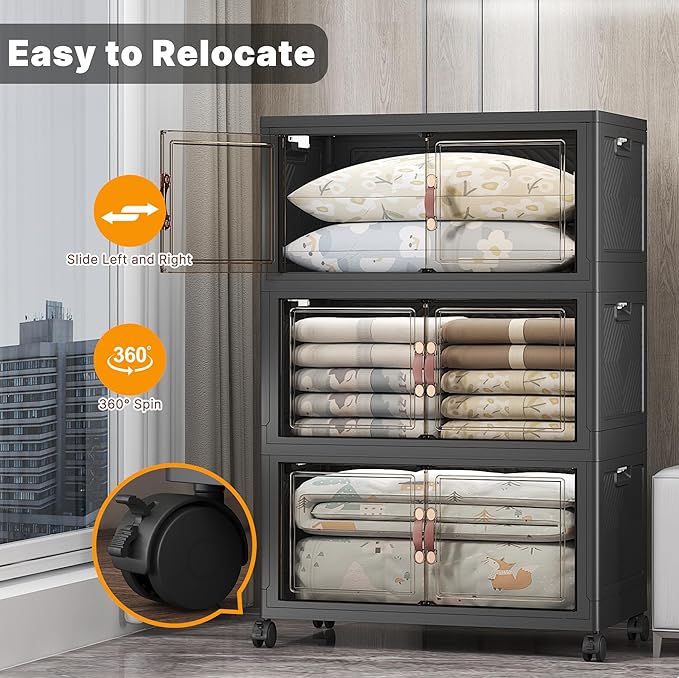 Stackable Storage Bins with Lids, 960QT Closet Organizers and Storage with Doors and Wheels, Extra Large Storage Cabinet, Collapsible Plastic Drawers for Bedroom Dorm Office Garage