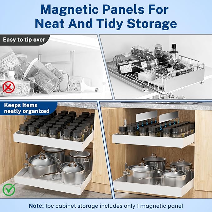 Pull Out Cabinet Organizer Expandable Width(12.2"-20.47") & 21"Deep, Insputer No Drill Adhesive Slide Out Drawers with Upgrade 3 Slide Rails, Magnetic Panel, Roll Out Shelf for Kitchen, Pantry White