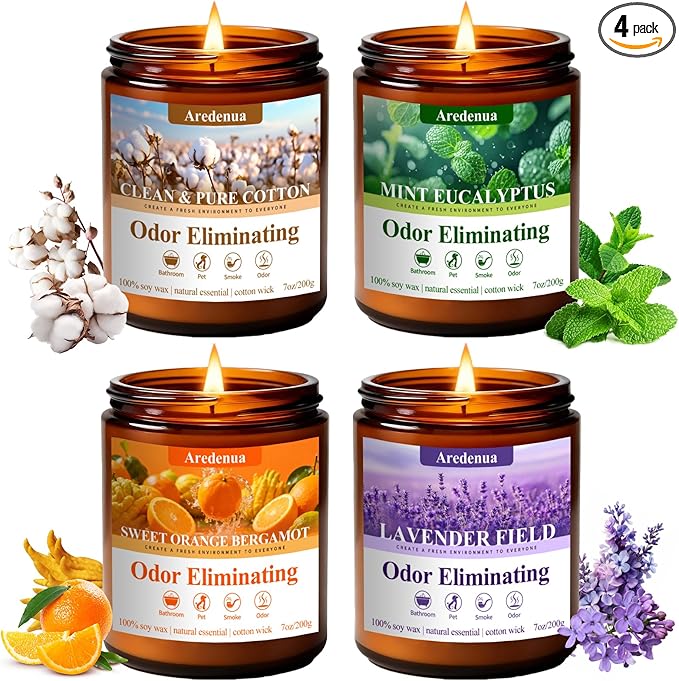 4 Pack Odor Eliminating Candles Set - Eliminates 95% of Pet, Smoke, Food & Other Smells - Hand Poured Non-Toxic Soy Candle, Air Freshing Scent of Lavender/Orange/Mint/Cotton - Gifts Set for Women