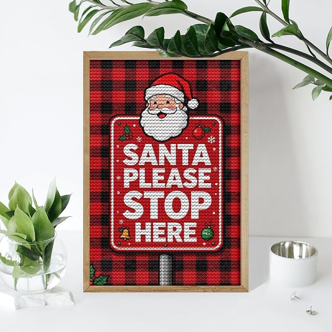 AIVKIEJK Diamond Painting Kits for Adults - Holly & Stars, Santa Please Stop Here Painting DIY 5D Full Drill Diamond Dots Paintings with Diamonds Gem Art and Crafts Home Decor 8"x12"