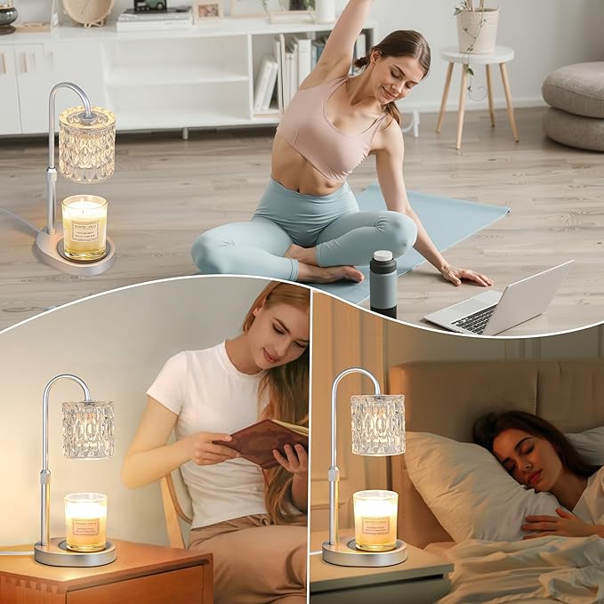 Dreamholder Electric Candle Warmer Lamp with Timer & Dimmer, Adjustable Height Wax Melt Warmer for Jar Candles, Wood Base Candle Melter, Floral Home Decor Gifts for Women, Mom, Silver Glass