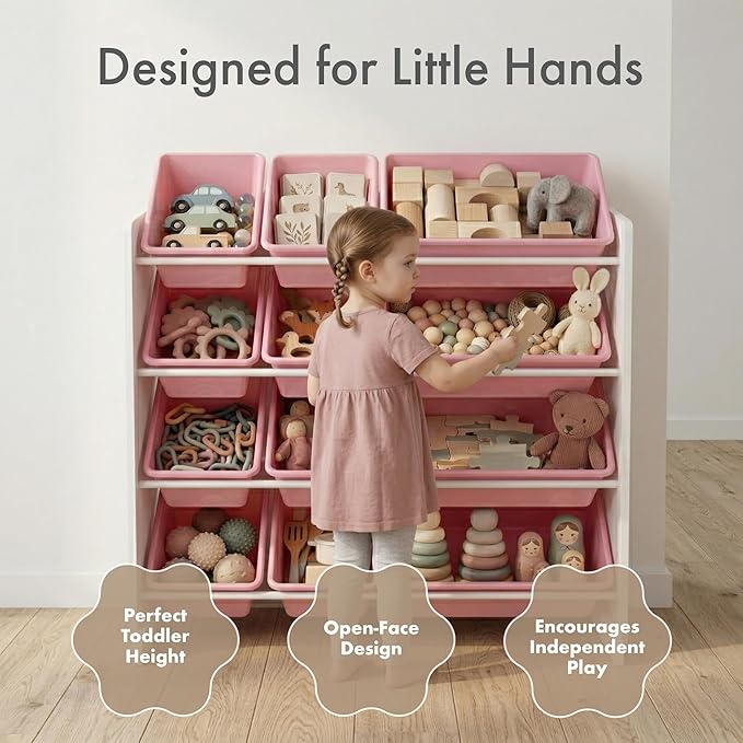 Humble Crew Kids Toy Storage Organizer with 12 Plastic Bins, White/Pink – Removable Bins for Playroom, Bedroom, Toddler Furniture for Boys and Girls Ages