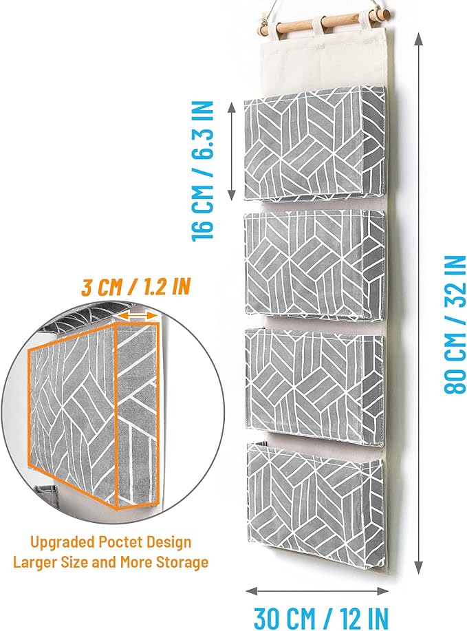 CROWNED 2Pcs Over Door Hanging Storage Bags Wall Mount Closet Organizer, 4 Big Pockets Linen Cotton Fabric Multi Functional Living Room Bedroom Bathroom File Magazine Waterproof Free Hooks Grey