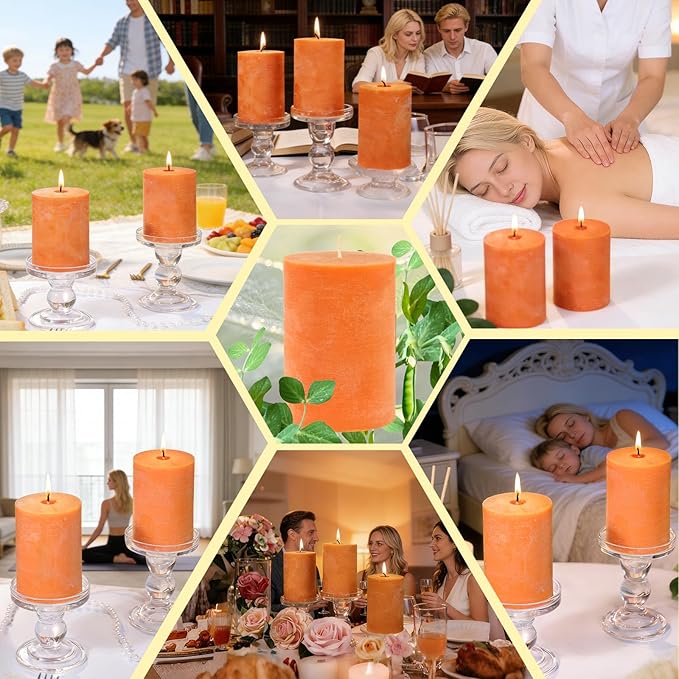 6 Pack Soy Pillar Candles,Natural Soybean Pillar Candles,330 H Long Lasting Burning-Unscented,Dripless and Smokeless Rustic Burnt Orange Hand-Poured Candles Dinner Table,for Wedding,Home 2.8x4in