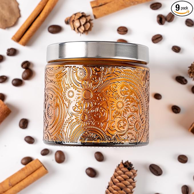 9-Pack 10 oz Sun Moon Star Embossed Glass Candle Jars with Mirror Lids and Labels - Unique Amber Candle Containers with Lids for Candle Making