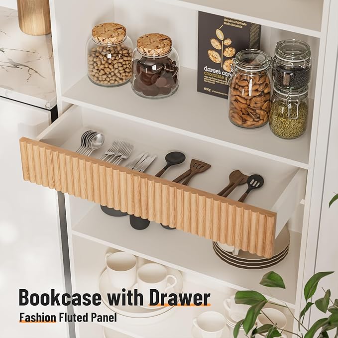 INNOD 72" Tall Bookshelf with Storage, 7-Tier Bookcase Fluted with Drawer, Display Book Shelf Book Organizer with Anti-tip Device, Home Decor Wood Furniture for Bedroom, Living Room and Office, White