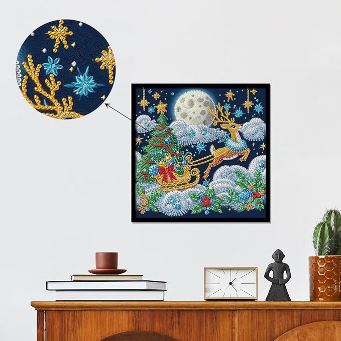 antor Christmas Diamond Painting Kit, 5D Special Shape Diamond Art for Adults, Reindeer Pulling Sleigh at Night DIY Crystal Rhinestones Diamond Painting, Holiday Wall Decor, Winter Home Decoration