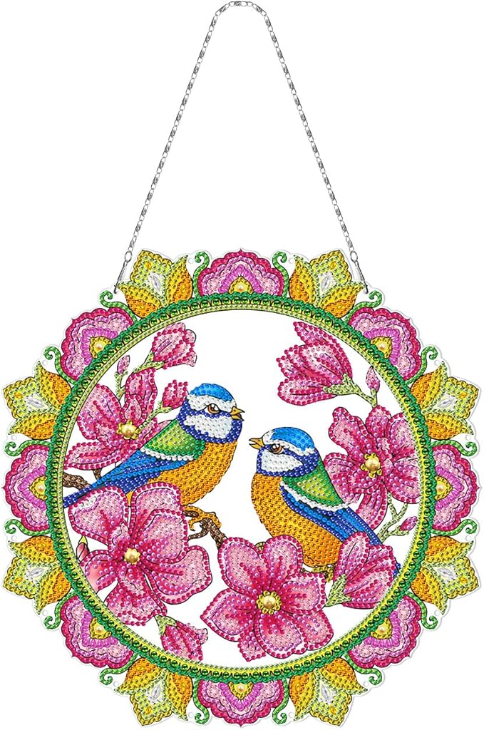 Birds and Flowers Gem Art Hanging Pendant with LED Light String DIY Diamond Art Painting Spring Wreaths Hanging Ornament Special Shape Rhinestones by Number Kits Outdoor Garden Yard Spring Door Decor