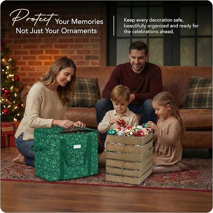 Covermates Keepsakes Adjustable Ornament Storage Bag – Heavy-Duty Polyester, Padded Dividers & FlexGrid Trays – Protective Holiday Ornament Organizer with Handles & Label Window, Green Snowflake