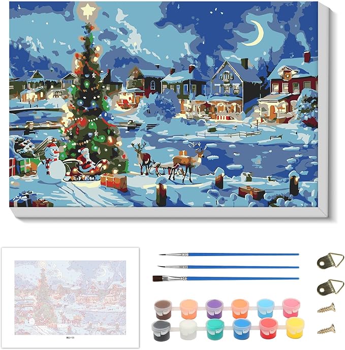 Skyboda Christmas Paint by Numbers Kit for Adults Beginners with Frame, Christmas Night Adult Paint by Number Kits on Canvas, Easy DIY Oil Painting Kits for Home Decor, 8x12in