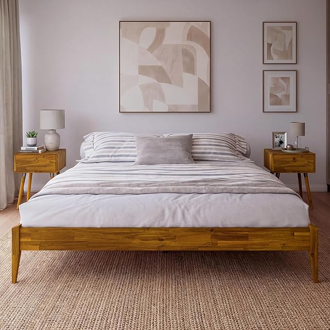 Bme Dinkee King Bed Frame Wood 15 Inch - Solid Wood Platform Bed Frame - Japanese Joinery Bed - Modern & Minimalist Style - Wood Slat Support - Easy Assembly - No Box Spring Needed - Caramel