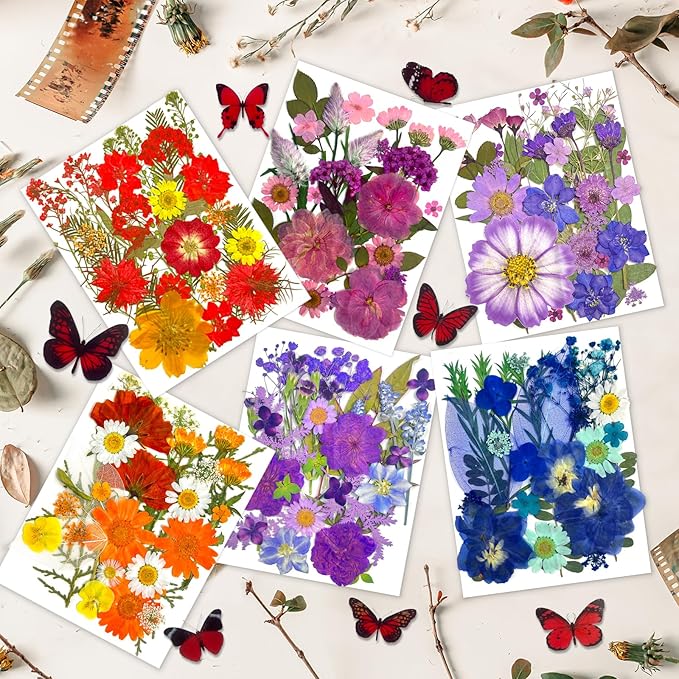 207 Pcs Dried Pressed Flowers for Crafts, Dried Pressed Flowers for Resin, Bulk Natural Dried Flowers Kit with Butterfly Stickers&Tweezers for DlY Resin Molds, Candles, Soap,Jewelry Making, Art Crafts