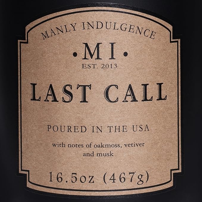 Manly Indulgence Last Call Scented Candles for Men, 16.5 oz Single Wick, Premium Soy Blend Wax, 60H Burn, Candles for Home Scented – Made in The USA