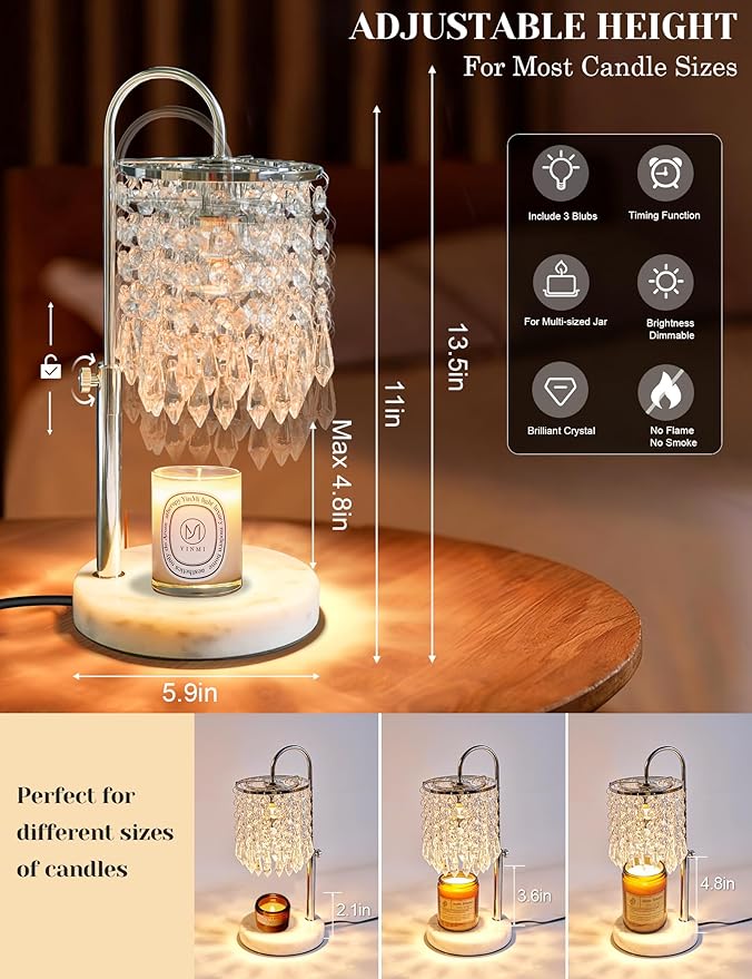 Candle Warmer Lamp with Timer Dimmable, Birthday Gifts for Women, Wax Melt Warmer for House Warming Gifts New Home Decor, Adjustable Height Crystal Candle Lamp for Jar Candles with 3 Bulbs, Silver