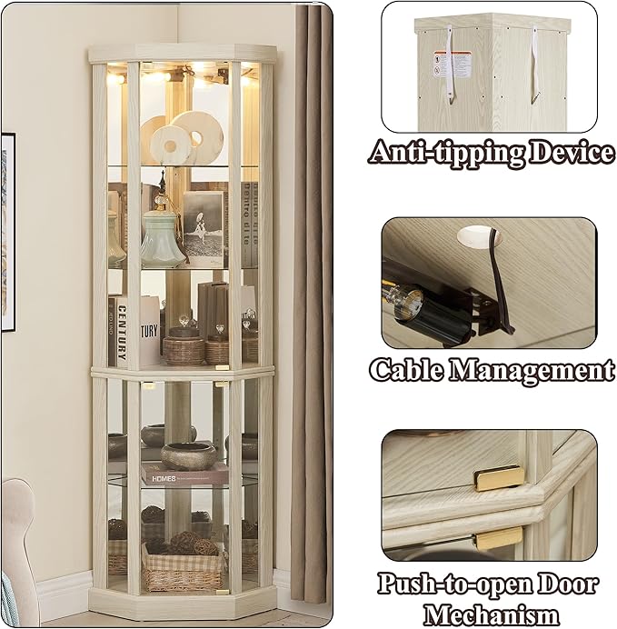 69" H Lighted Curio Cabinet Corner Display Case,Corner Glass Cabinets with Tempered Glass Door and Adjustable Shelves,Wooden Curio Cabinet with Mirrored Back Pane(Style 1 - Antique White)