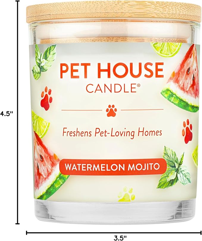 Pet House Candles, Soy-Based, Long Burning Scented Candles for Pet Homes, 60 Hour Burn Time - Watermelon Mojito, 9 oz