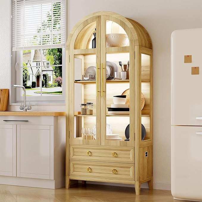 LVSOMT 71" Tall Arched Storage Cabinet with Glass Doors and Drawers, Curio Display Cabinet with Adjustable LED Light & Human Sensor, 4-Tier China Cabinet for Living Room(Wood)
