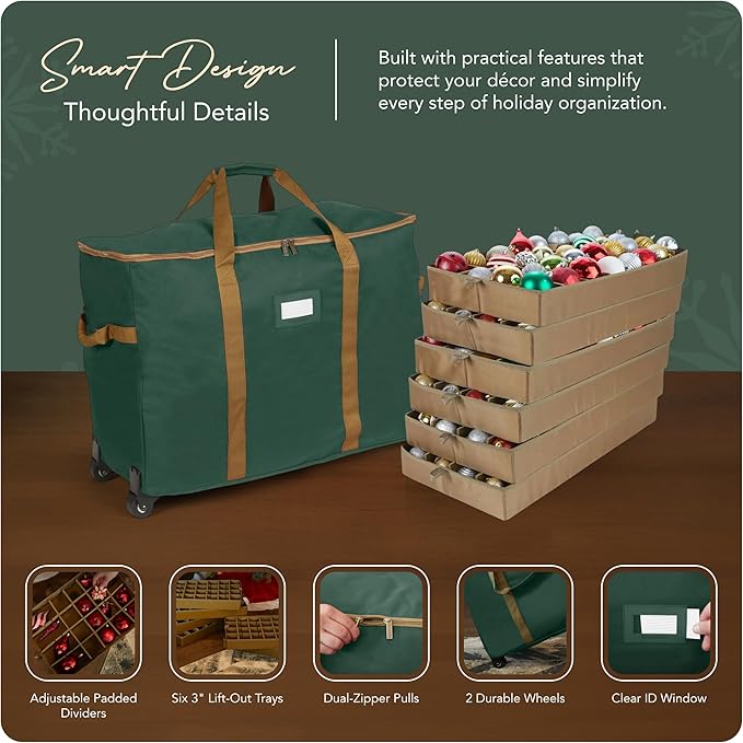 Covermates Keepsakes Rolling Adjustable Ornament Storage Bag – Heavy-Duty Polyester, FlexGrid Trays & Padded Dividers – Protective Holiday Organizer with Wheels, Handles & ID Window, Green