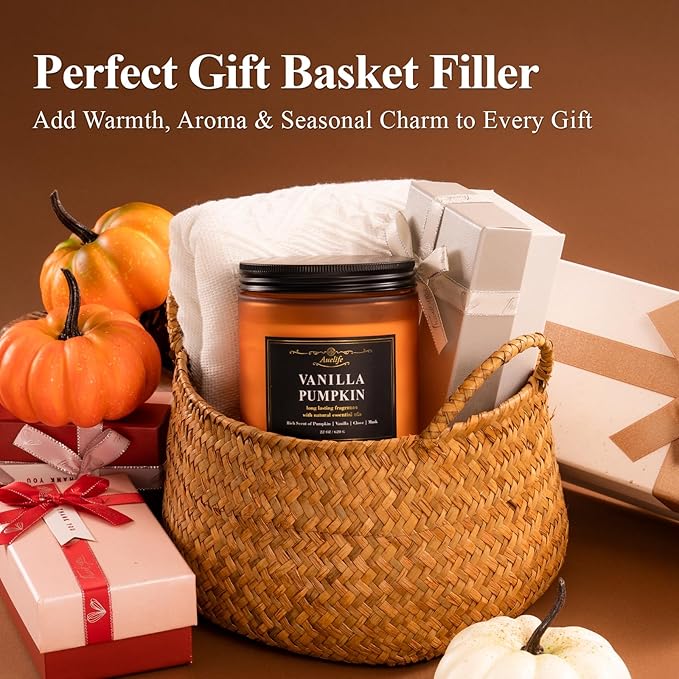 Auelife Scented Candle, Vanilla Pumpkin Candles – 22oz Large 3-Wick Holiday Soy Candle, Long Lasting Winter Candles for Home Décor, Thanksgiving & Holiday Gift for Women & Men
