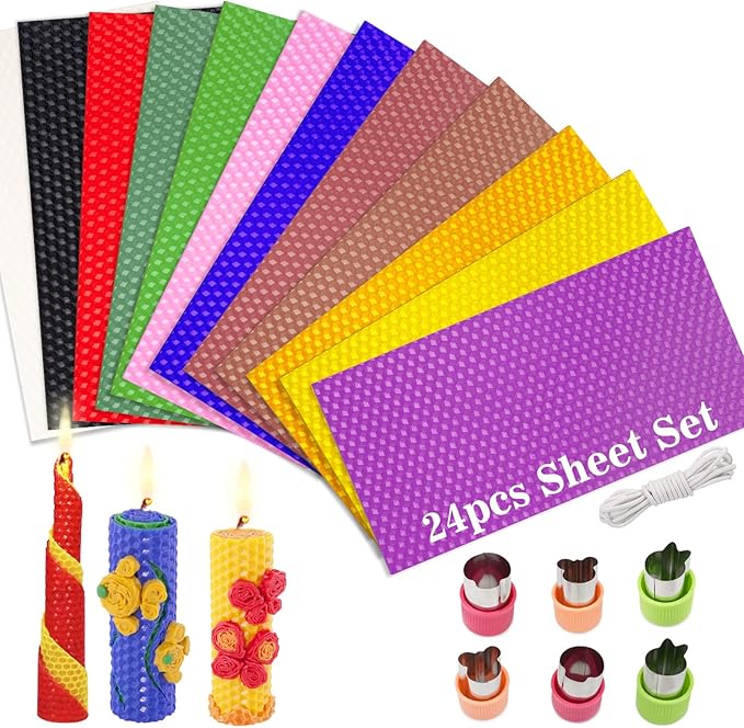 Beeswax Candle Making Kit for Kids - 24Pcs Beeswax Sheets for DIY Candle Making Rolling Kits, DIY Art Craft Gift Kit for Boys and Girls, with 6 Safe Wax Cutter Tools, Vibrant Colors