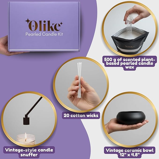 Olike - Sand Candles with Wicks – Pearled Candle Sand for DIY Candles – 500g Scented Plant-Based Wax with 20 Cotton Wicks, Snuffer & Elegant Ceramic Bowl – Decorative Candle Sand for Home Decor