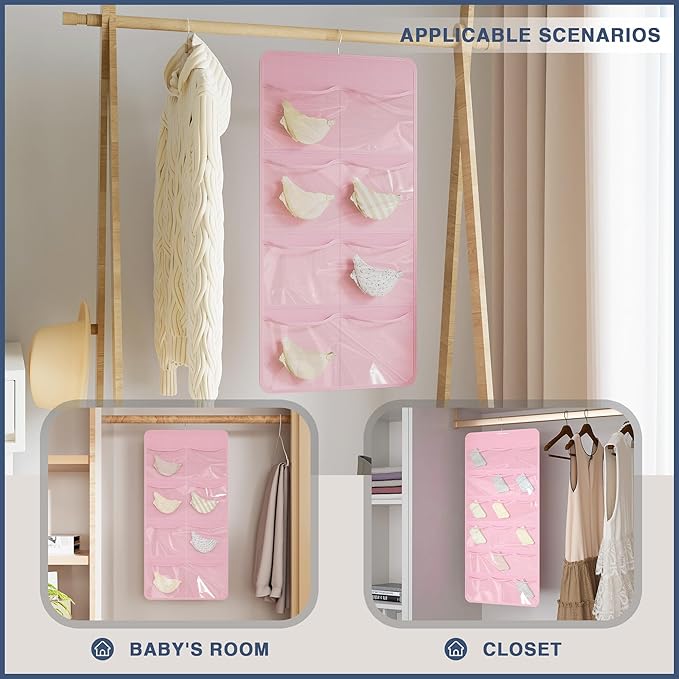 Hanging Closet Underwear Organizer, 28-Pockets Dual-Sided Storage for Socks, Bras, and Leggings Lingerie and Kids’ Clothing, Pink