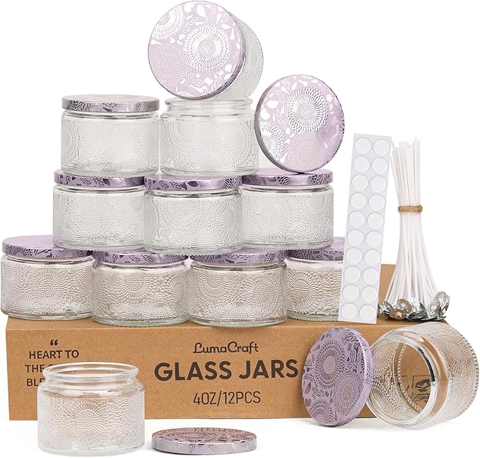 LumaCraft Luxury Embossed Glass Candle Jars for Making Candles - 12 Pack Empty Candle Containers with Airtight Metal Lids, 20 Wicks & 20 Stickers, Colored Glass Jars for Gifts & Decor-4OZ
