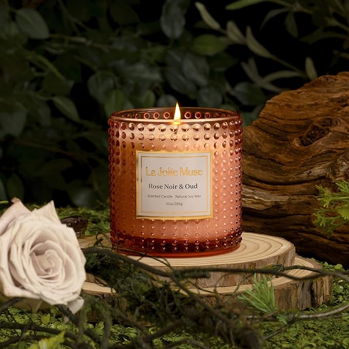 LA JOLIE MUSE Rose Noir & Oud Scented Candle – Lemon, Rose & Oud | 10 oz Natural Soy Wax | 55 Hours Clean Burn | Gift for Hosts & Gathering| Elegant Home Décor