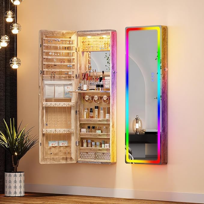 Lvifur LED Mirror Jewelry Cabinet - with RGB lights,Lockable Wall/Door Mounted Full Length Mirror with Storage,Hanging Jewelry Organizer-2 Drawers,Foldable Shelf,Built-in Lighted Mirror(Wood)