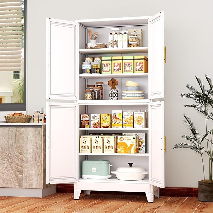75" H Tall Kitchen Pantry Cabinet, Pantry Storage with Doors and 3 Adjustable Shelves, Metal Storage, Cupboard for Kitchen, White