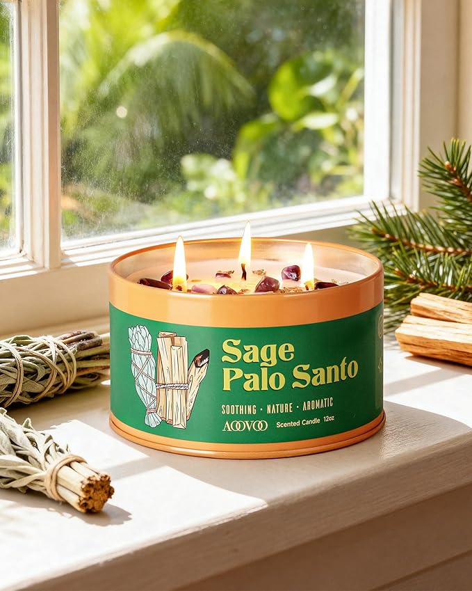 AOOVOO Sage & Palo Santo Candle for Cleansing - 3 Wick 12oz Large Scented Candle with Amethyst Crystals, Sage & Palo Santo Inside, Non-Toxic Soy Candle for Meditation Spiritual Healing Gift