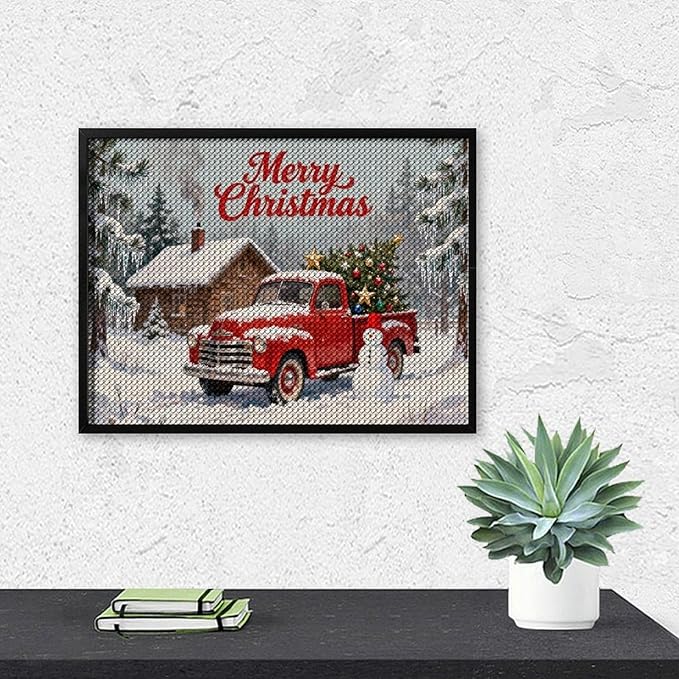 AIVKIEJK Diamond Painting Kits for Adults - Christmas Red Truck with Snowman, Snowy Cabin & Tree Painting DIY 5D Full Drill Diamond Dots Paintings with Diamonds Gem Art and Crafts Home Decor 12"x16"