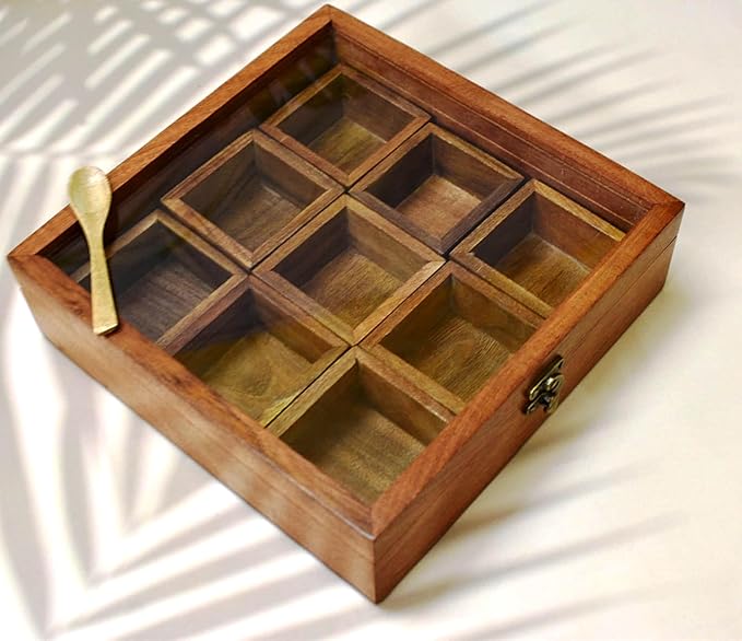 Wooden Spice Box with Glass Lid - Decorative Masala Dabba Organizer with Spoon, 9 Removable Compartments Spice Storage Container Ideal for Seasonings & Herbs Perfect for Gift (9x9 Inch)
