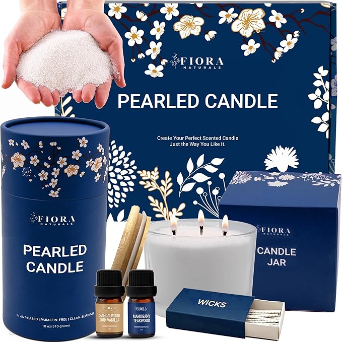 Pearled Candle Sand Mothers Day Gift for Mom, 18oz Sand Wax, 30 Wicks, 2X Natural Fragrance Oils + Large Glass Jar Included, Smoke Free Powder Snow Candles, Upto 120 Hours Burn Time, Candle Making Kit