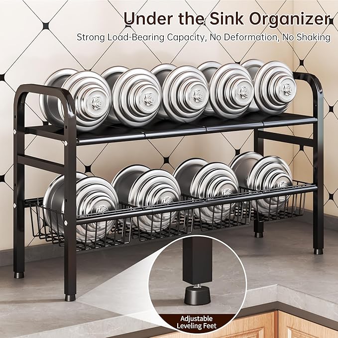 Under Sink Organizer and Storage,2 Tier Expandable Organization and Storage with 4 Panels and 4 Baskets,Cabinet Organizer,Under Sink Shelf,for Kitchen,Bathroom,Laundry Pantry Cabinet,Black