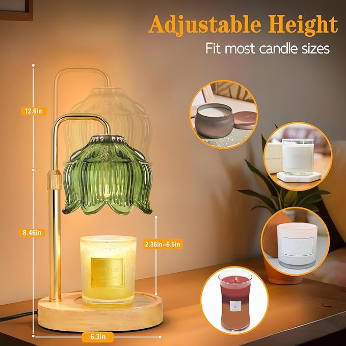 Candle Warmer Lamp with Timer Dimmer, Adjustable Height Candle Wax Warmer, Christmas Birthday Gift for Mom Women, House Warming Gifts for New Home Bedroom Decor, (Lotus Flower-Green)