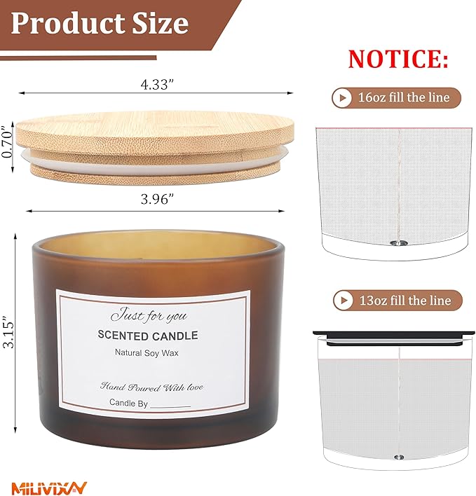 MILIVIXAY 6 Pack 16 oz Candle Jars with Bamboo Lids and Candle Making Kits - 3 Wick Candle Jar,Bulk Empty Frosted Amber Thick Glass Jars for Making Large Candles - Spice, Powder Containers.