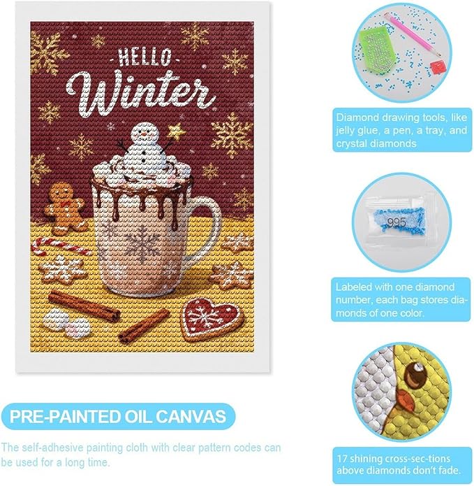 Diamond Painting Kits for Adults - Hello Winter Ice Cream & Gingerbread Snowflakes & Candles Painting DIY 5D Full Drill Diamond Dots Paintings with Diamonds Gem Art And Crafts Home Decor 8"x12"