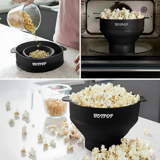 The Original Hotpop Microwave Popcorn Popper, Silicone Popcorn Maker, Collapsible Bowl BPA-Free and Dishwasher Safe- 20 Colors Available (Black)
