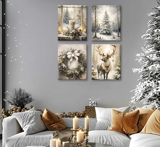 Paint by Number Kit for Adults & Kids, 4 Pack Winter Christmas Scenes (Reindeer, Snowy Tree, Candle Display, Wreath) 12x16Inch Unframed, DIY Acrylic Painting Kit with Brushes & Paints
