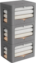 FHSQX 3 Pack Clothes Storage Bins Foldable Metal Frame Storage Box Stackable Linen Fabric Organizer Set with Carrying Handles and Clear Window (Dark Gray, 15.7x11.8x11.8inch(36L))