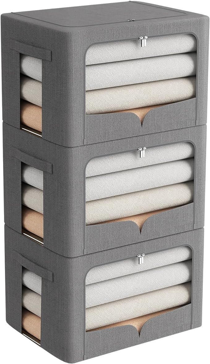 FHSQX 3 Pack Clothes Storage Bins Foldable Metal Frame Storage Box Stackable Linen Fabric Organizer Set with Carrying Handles and Clear Window (Dark Gray, 15.7x11.8x11.8inch(36L))