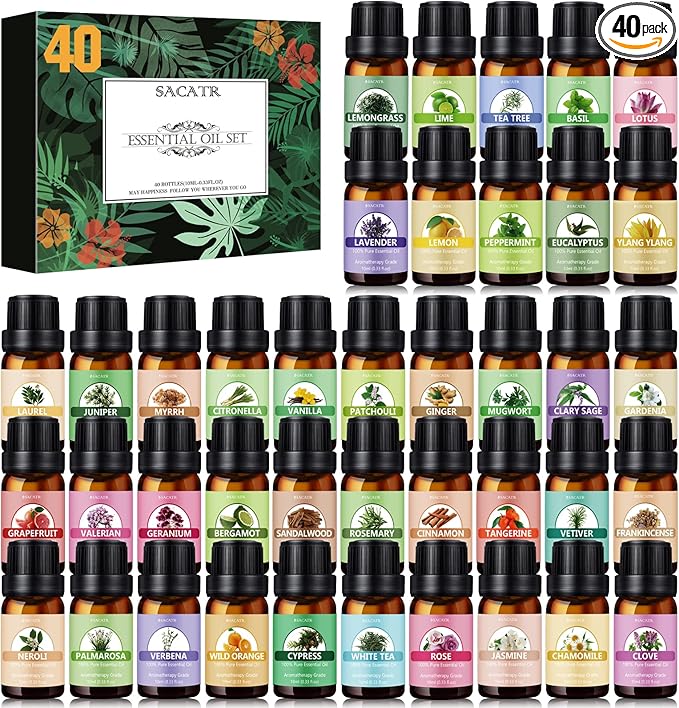 SACATR Essential Oils Set - Natural Essential Oils - Perfect for Diffuser, Humidifier,Aromatherapy, Massage,Skin & Hair Care, DIY Candle and Soap Making(40 * 10 ML)