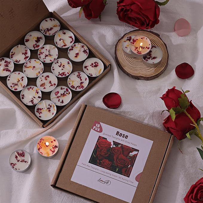 16 Pcs Rose Scented Tealight Candles, 6H Long Burning - 100% Palm Wax Based Scented Tea Lights with Dried Flowers, Non-Toxic/Smokeless Scented Tea Lights Candles for Spa, Bath, Wedding, Valentine